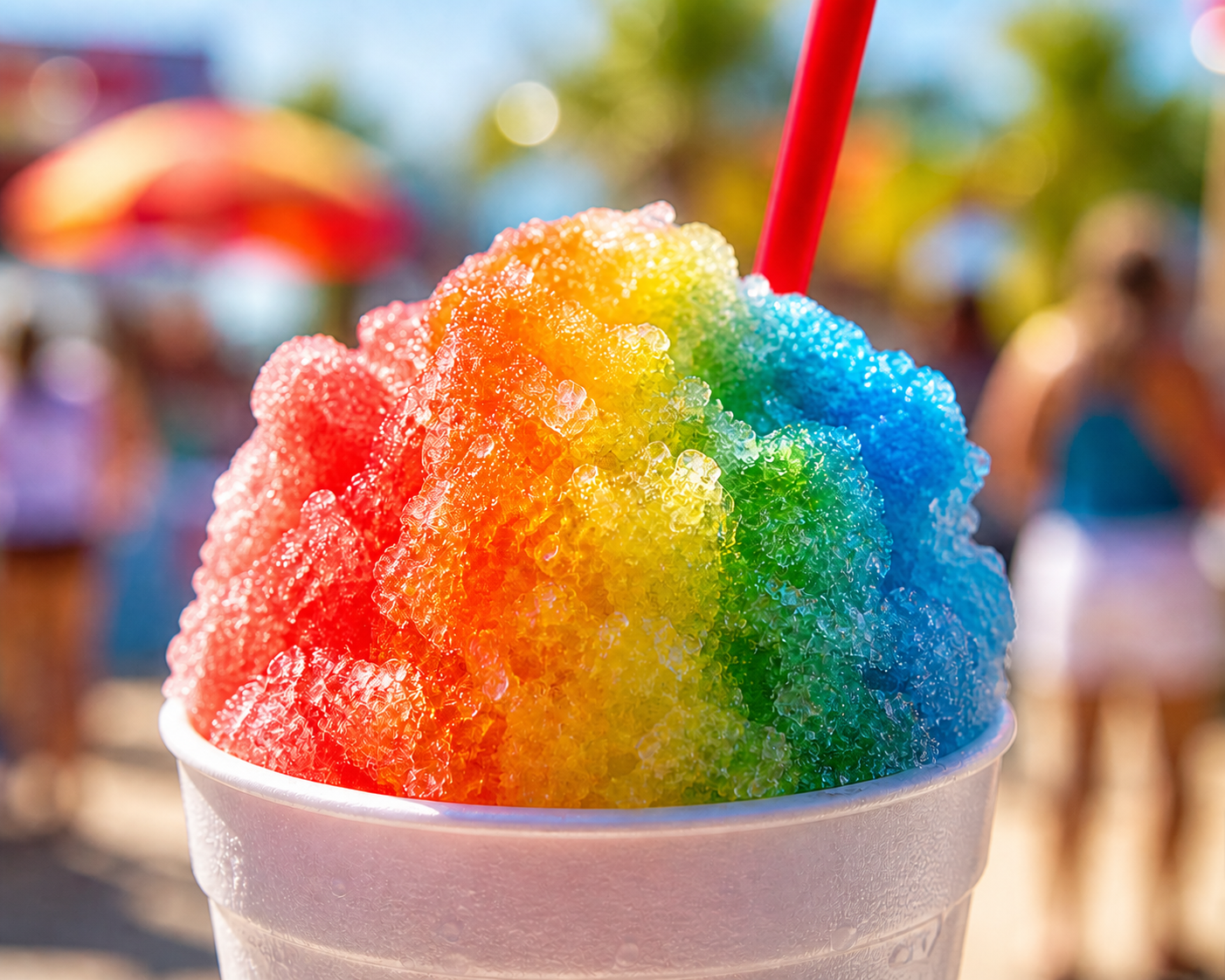 Close-up of a colorful rainbow snow cone with red straw in a white cup, outdoors on a sunny day.