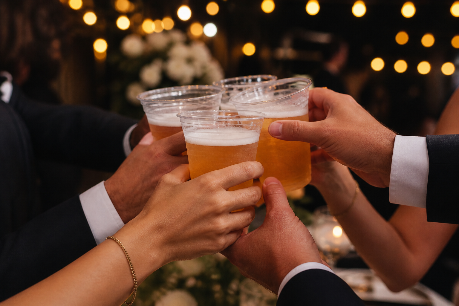 People in formal attire clinking clear plastic cups of beer in a toast at a celebration or party.