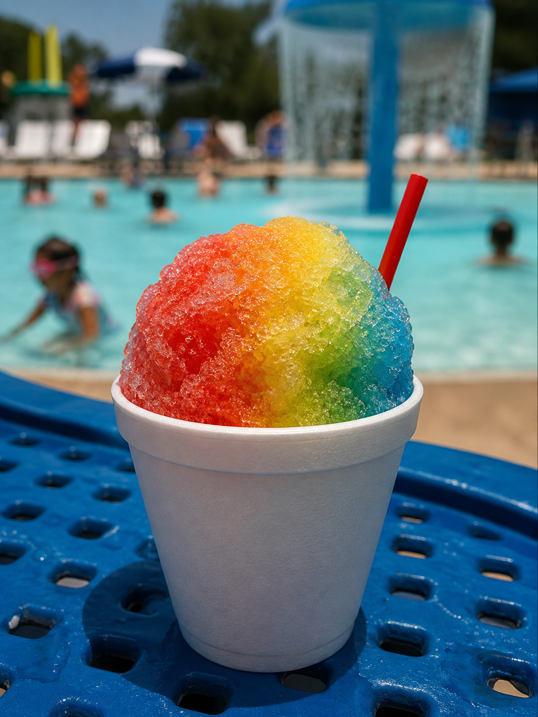 A colorful rainbow snow cone in a white cup with a red straw, placed on a blue metal table by a swimming pool filled with children and adults enjoying a sunny day.