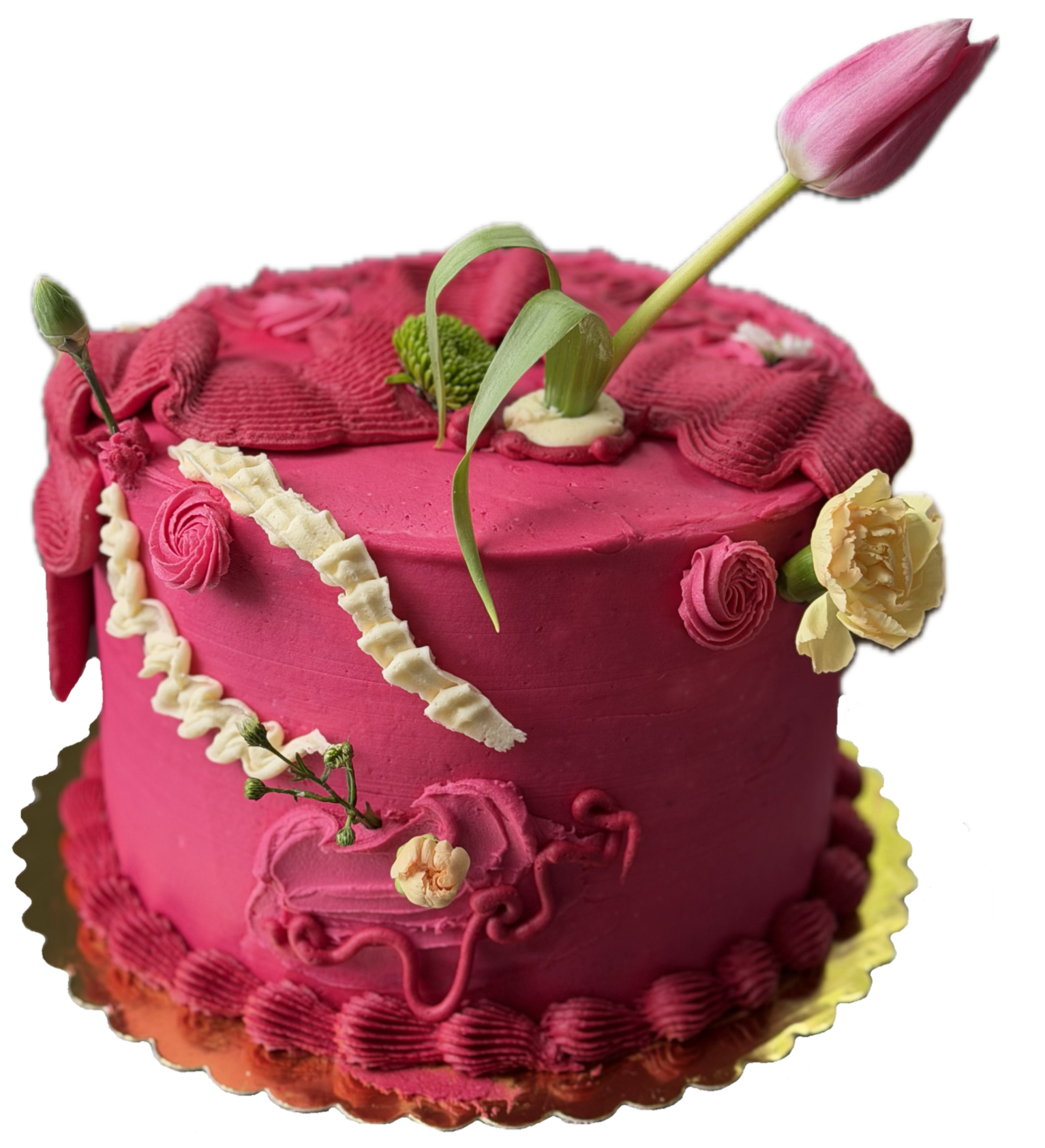 Pink floral birthday cake decorated with roses, tulips, and greenery.