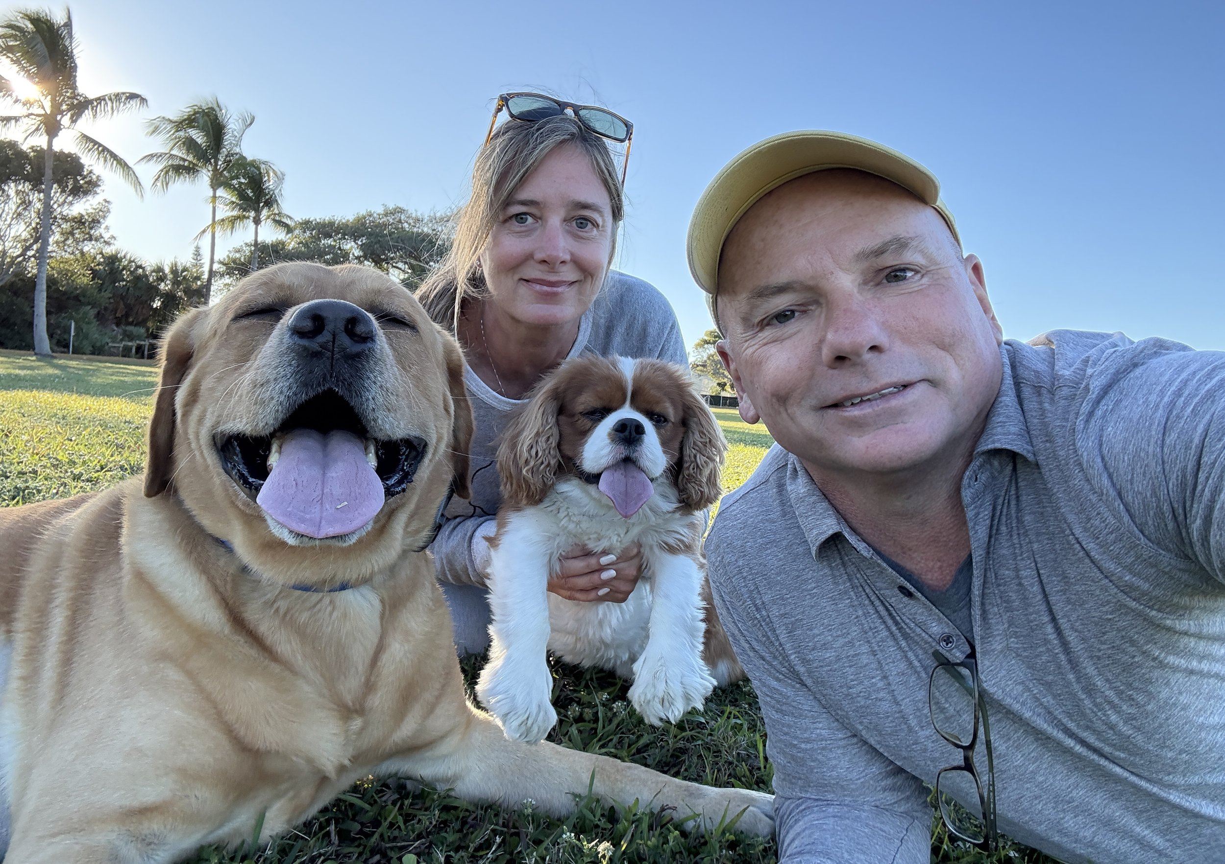 A couple taking a selfie outdoors with two dogs, a English Labrador and a Cavalier King Charles spaniel, on a grassy field with trees and blue sky in the background.
