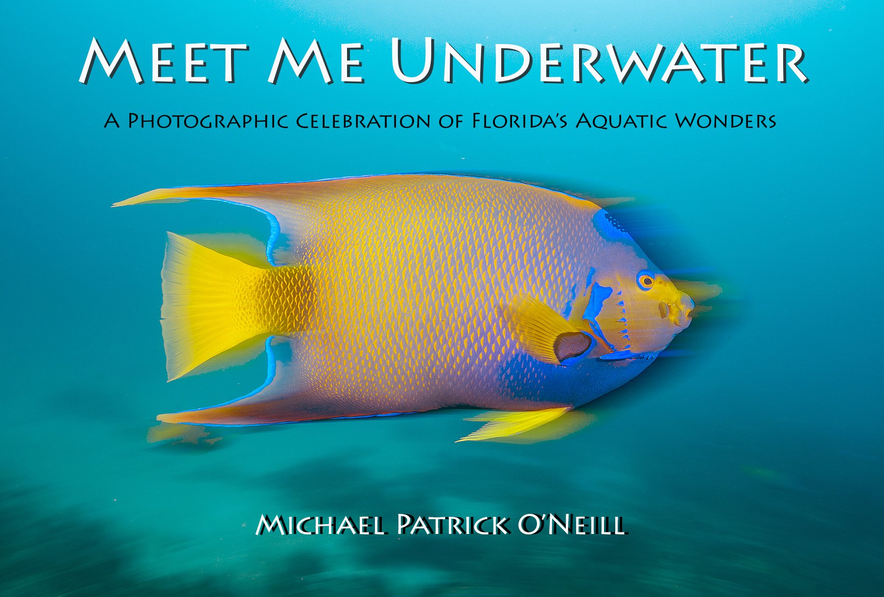 Book cover titled "Meet Me Underwater" with a queen angelfish swimming in blue water, author name Michael Patrick O'Neill.