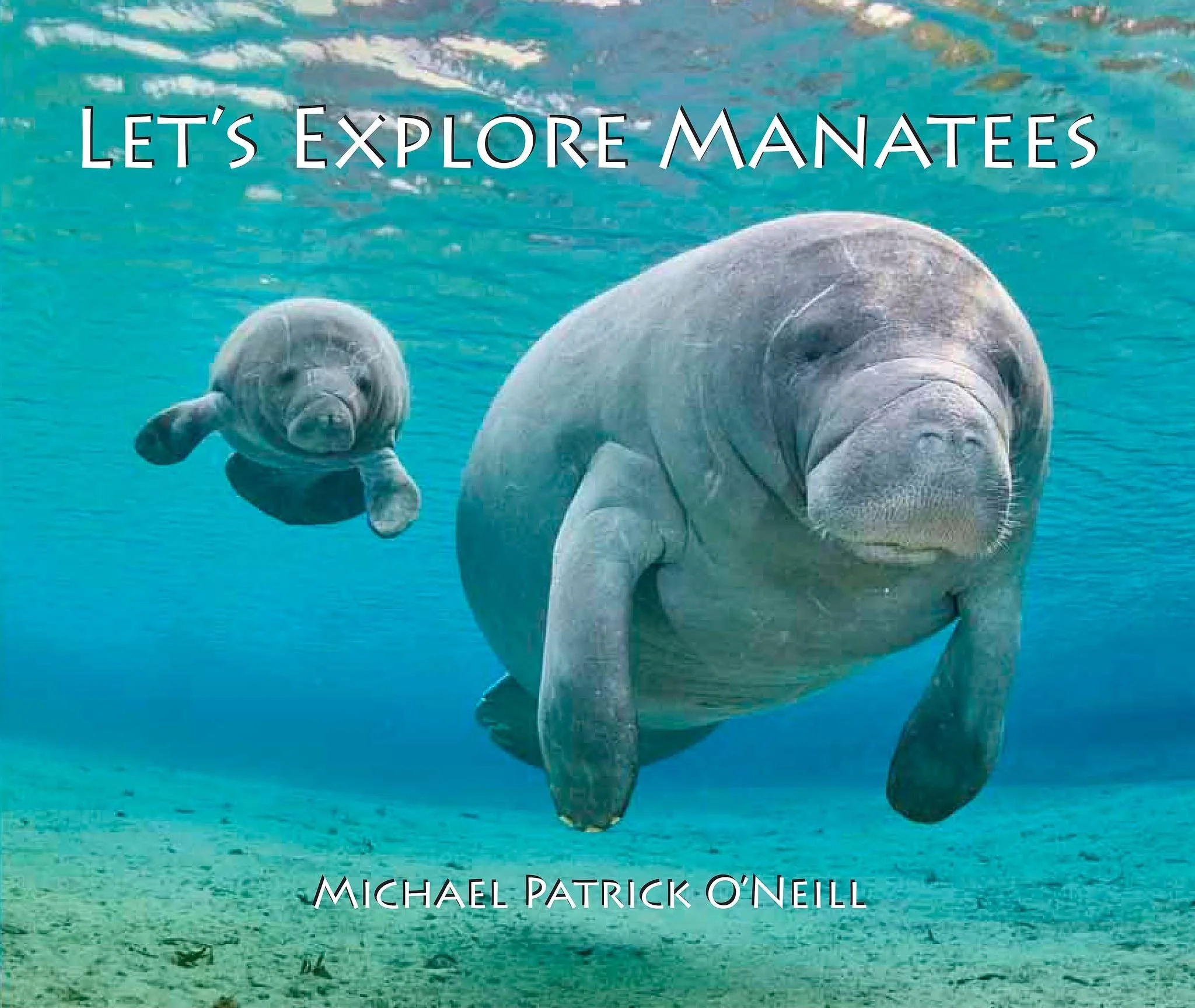 Underwater scene with a manatee and calf swimming in a Florida spring, with the title 'Let's Explore Manatees' and author 'Michael Patrick O'Neill' on the cover.
