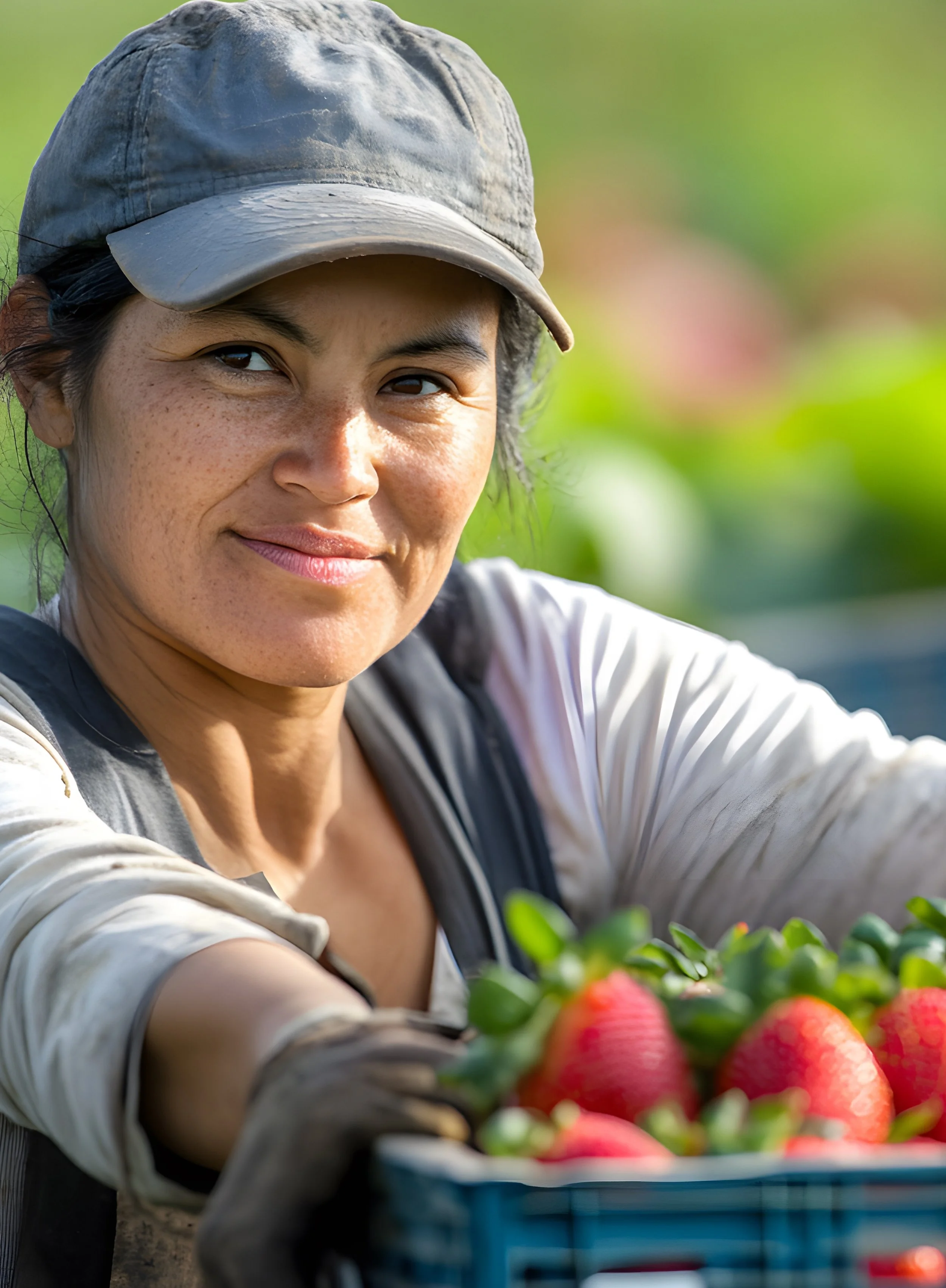 A woman wearing a weathered baseball cap reaching out with a smile, reaching for freshly picked strawberries in a field with a blurred green background.
