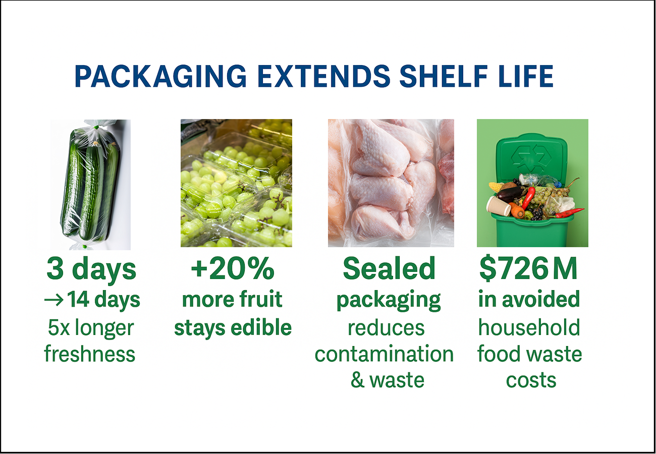 Infographic titled "Packaging Extends Shelf Life" with four sections: 1) Cucumber in plastic wrap with "3 days, 14 days, 5x longer freshness"; 2) Green grapes in plastic container with "+20% more fruit stays edible"; 3) Raw chicken pieces with "Sealed packaging reduces contamination & waste"; 4) Green recycling bin filled with various food waste and "$726M in avoided household food waste costs".