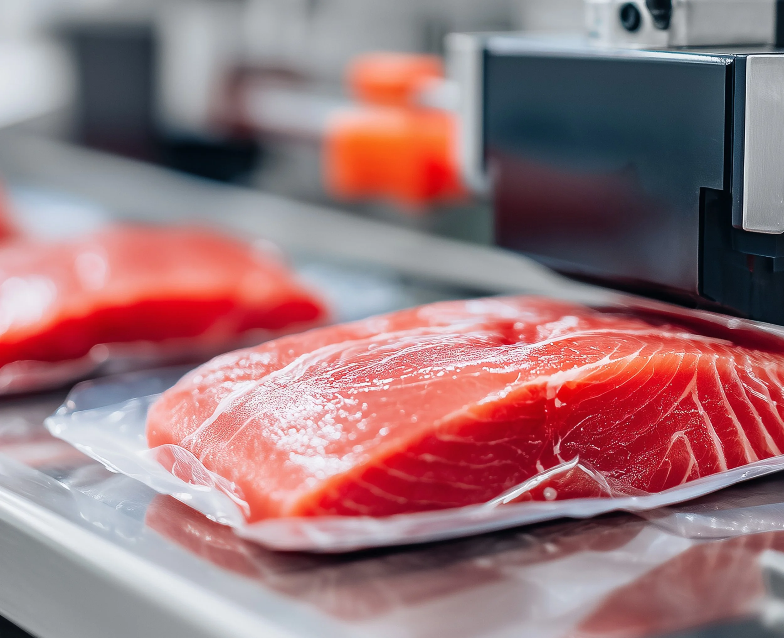 Slices of salmon in plastic packaging in a food packaging facility.