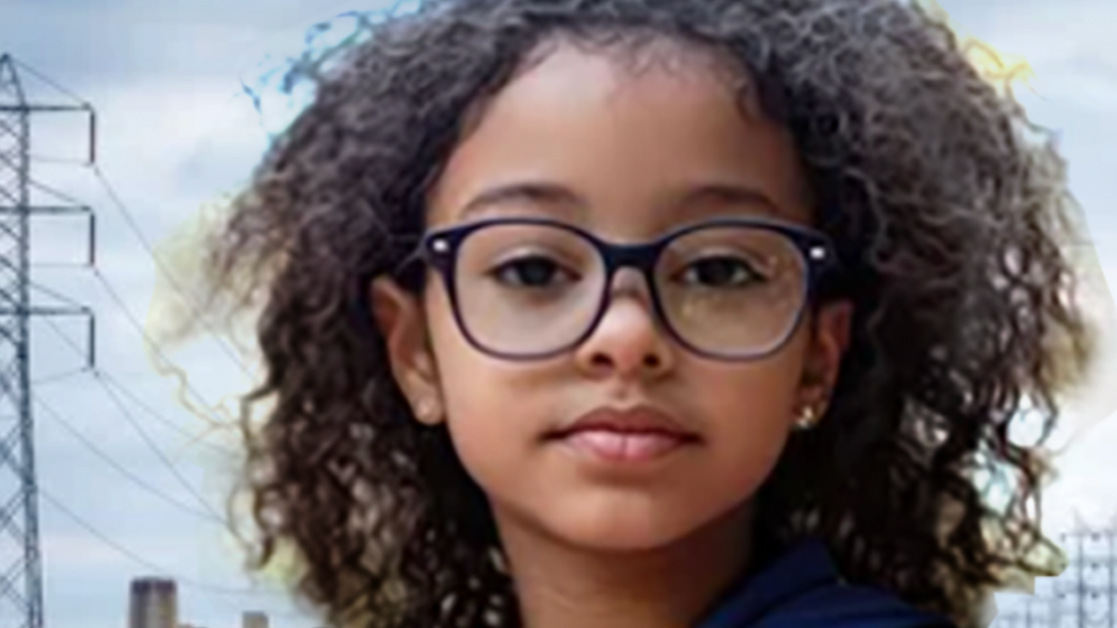 Portrait of a young girl with curly hair and glasses standing outdoors near power lines and cloudy sky.