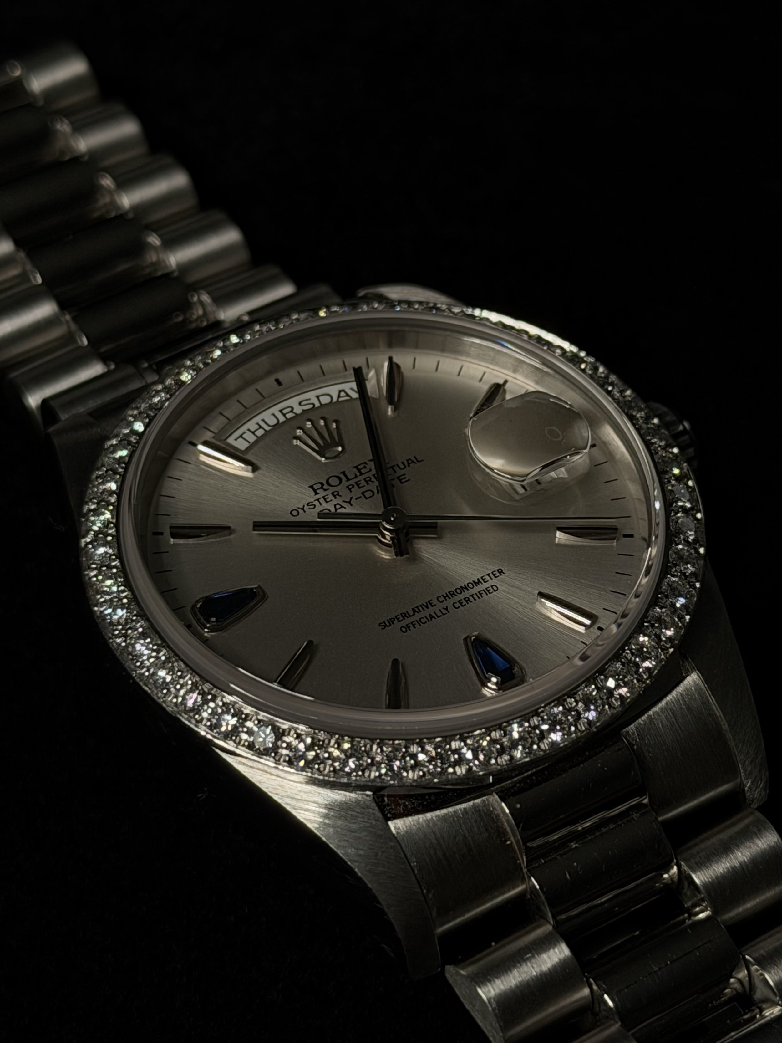 Rolex Day Date Platinum Diamond Bezel Sapphire Tear Drop Dial Close up Side.JPG