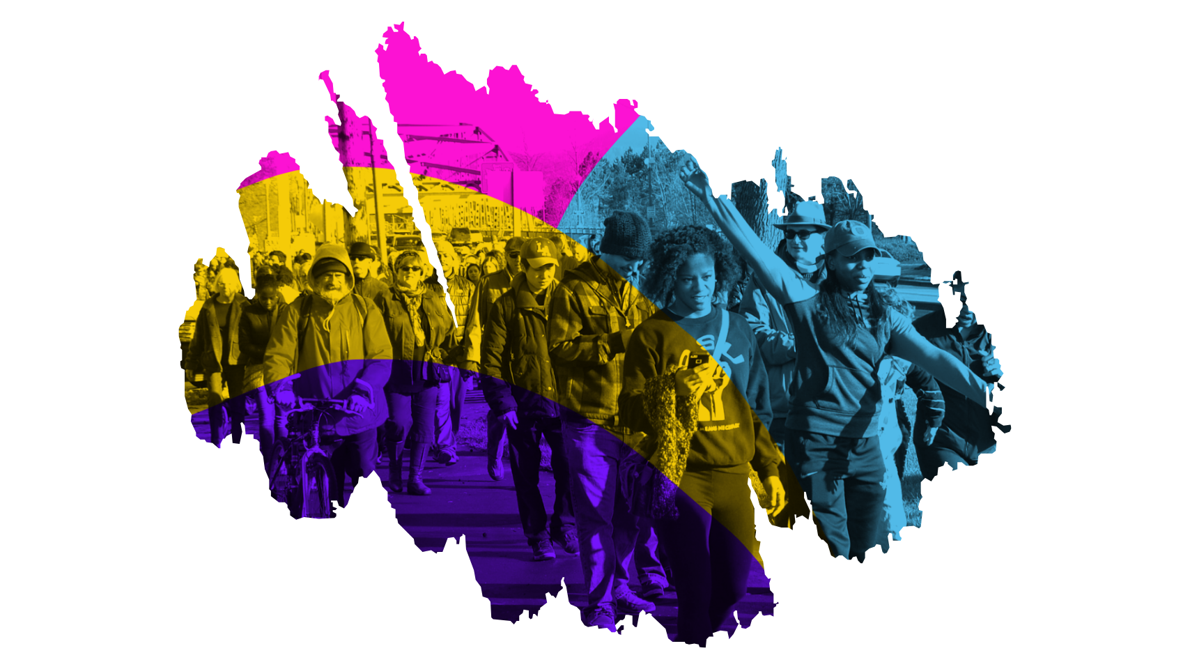 A diverse group of people walking along a street with NAACP Eugene-Springfield, Oregon. Some people are holding signs, and one person is raising a fist. The image has vibrant, colorful overlays.