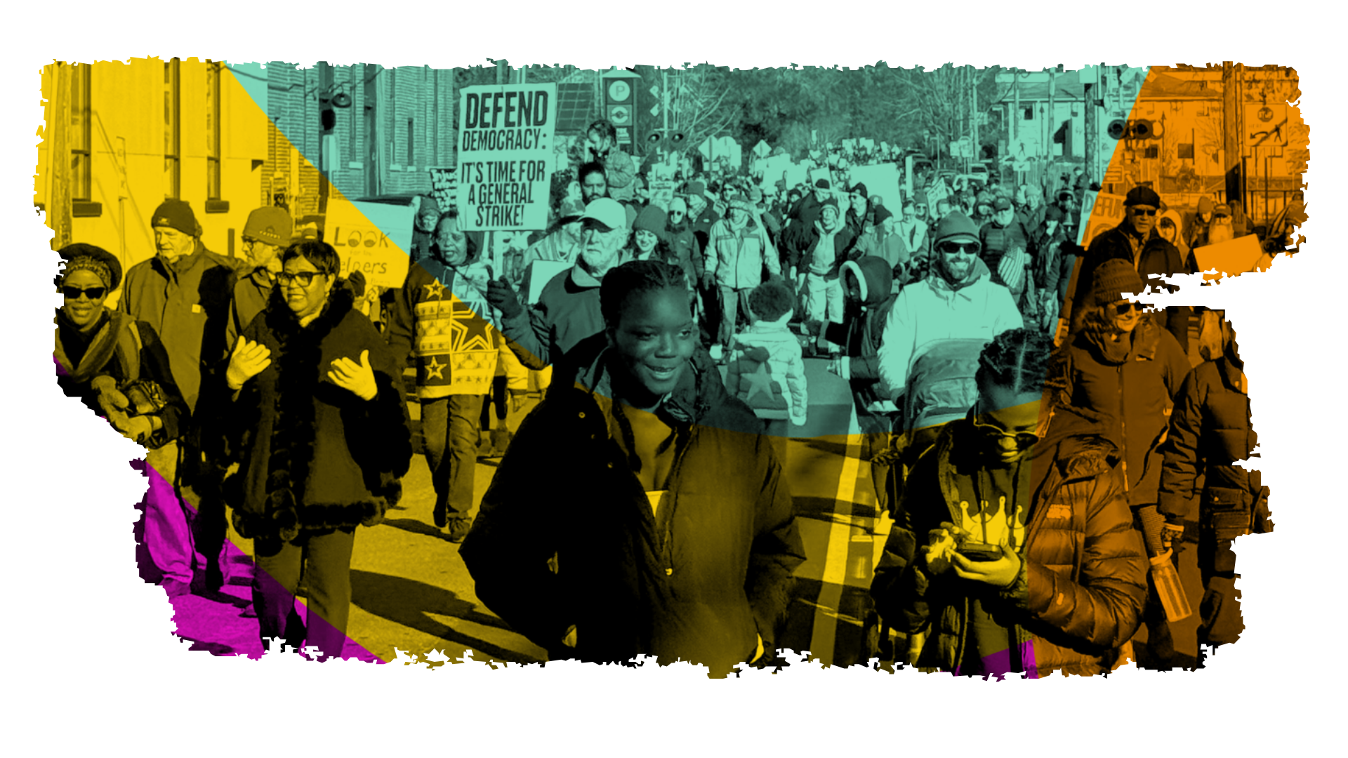 Crowd of protesters marching on a street with NAACP Eugene-Springfield, Oregon, holding signs advocating for democracy and a general strike, with people wearing winter clothing.
