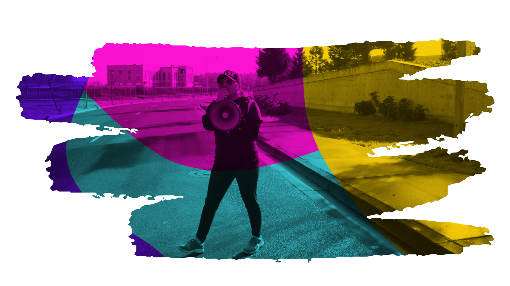 A person standing on a street holding a megaphone taking action with NAACP Eugene-Springfield, Oregon, with color overlays of pink, yellow, teal, and purple.