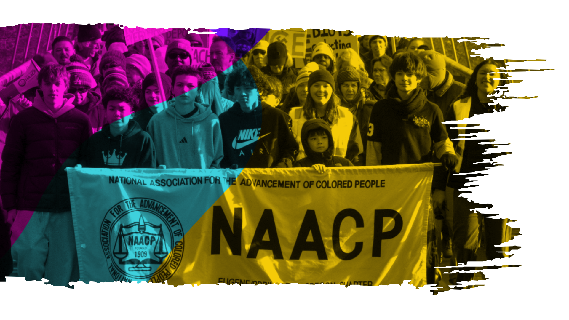A diverse group of people participating in a protest march, holding a yellow banner with black text for the NAACP and a blue banner for the NAACP, with signs advocating for civil rights.