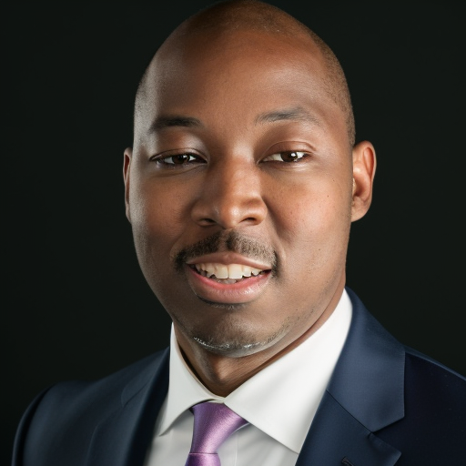 A portrait of a Black person with a smile, wearing a navy suit, white shirt, and tie, against a black background.
