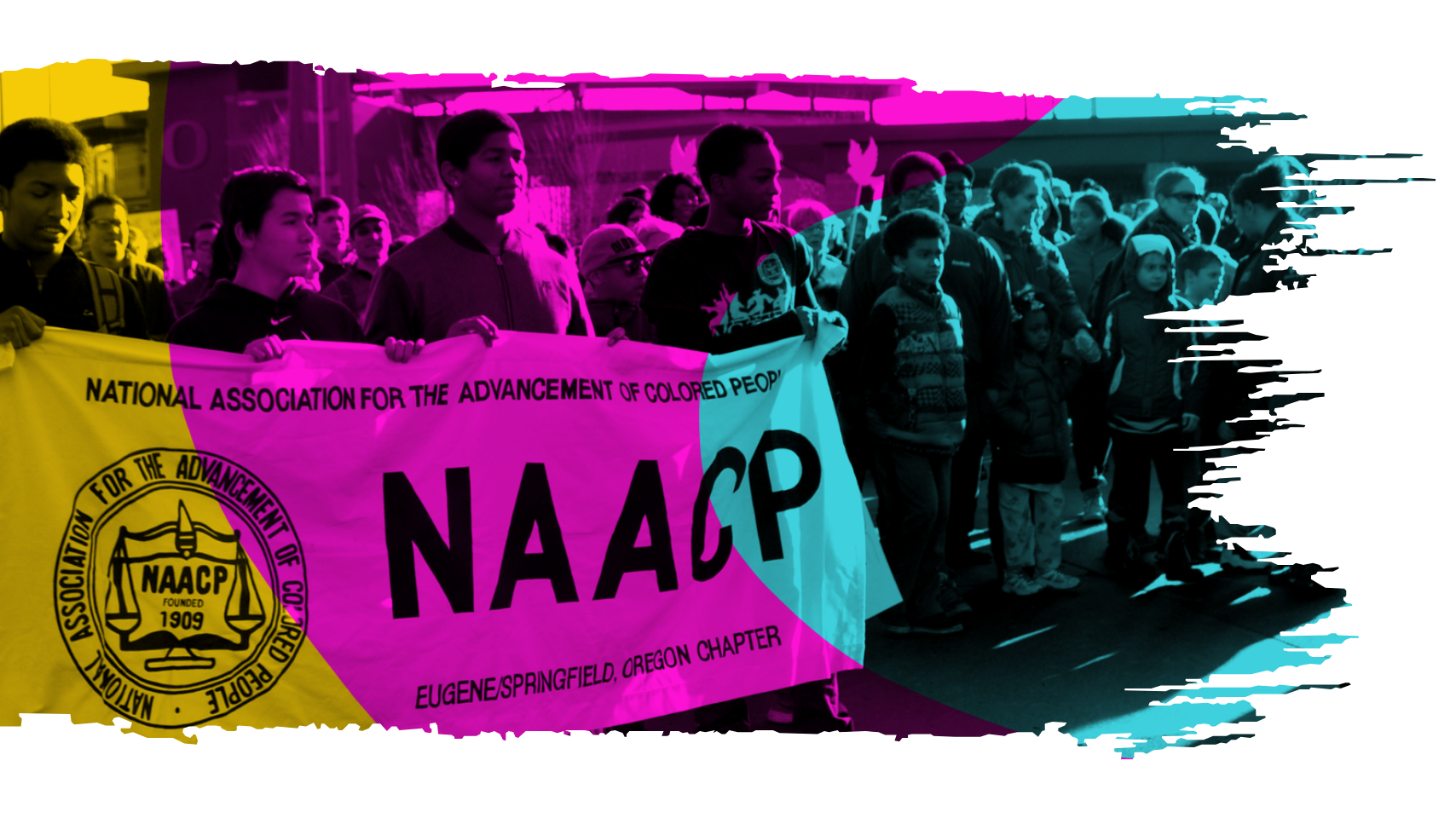 A group of diverse people holding a pink and yellow banner that reads 'NAACP' with additional text 'Eugene/Springfield, Oregon Chapter' at a protest or rally outdoors.