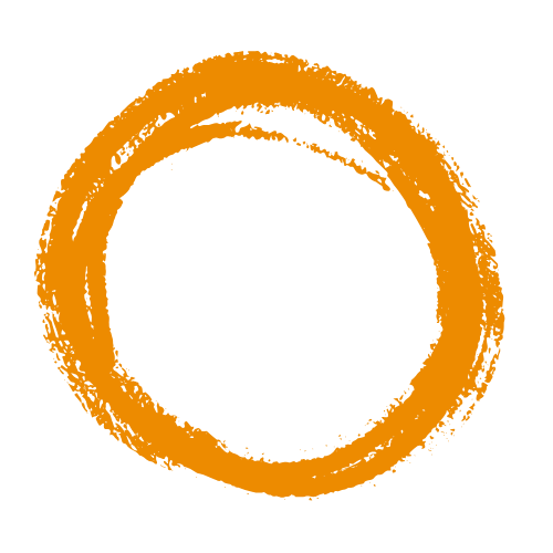 An orange circle drawn with rough brush strokes on a black background.