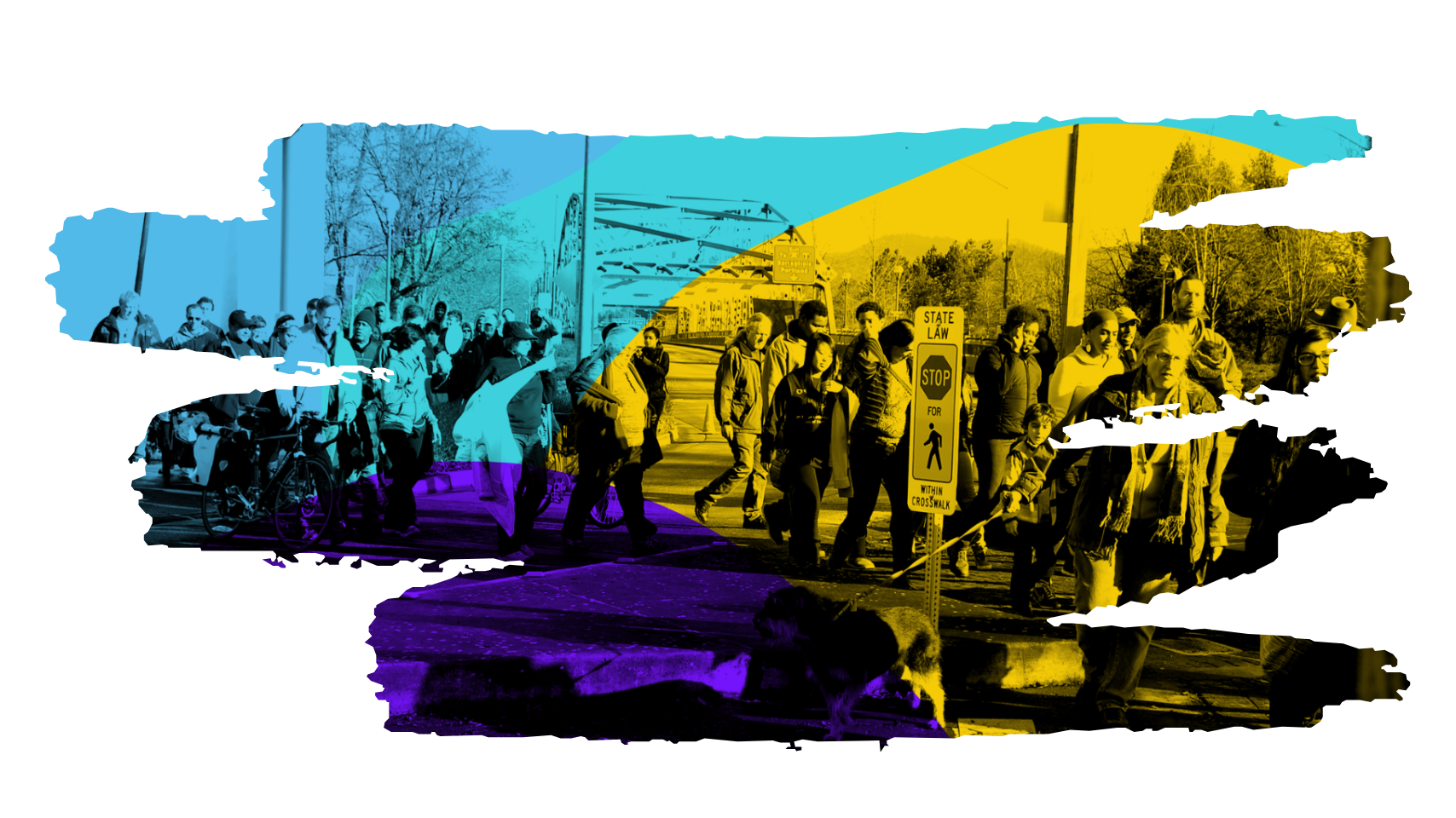 A group of diverse people crossing a street at a crosswalk, some with bicycles and dogs with NAACP Eugene-Springfield, Oregon