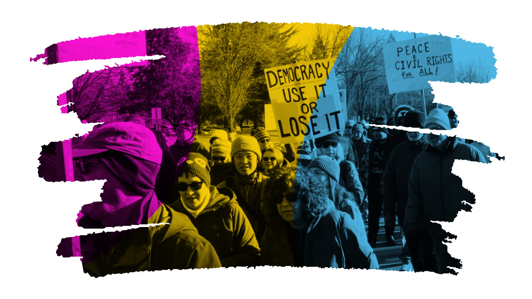 A group of people participating in a protest march outdoors with NAACP Eugene-Springfield, Oregon. Some are holding signs that read 'Democracy use it or lose it' and 'Peace & Civil Rights for All.'