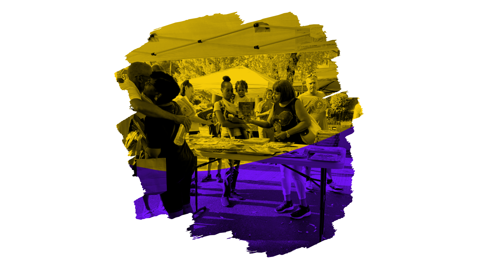 People at an outdoor event with NAACP Eugene-Springfield, Oregon, under a tent, some reading pamphlets or brochures, engaging with a booth, with trees and a street sign in the background.