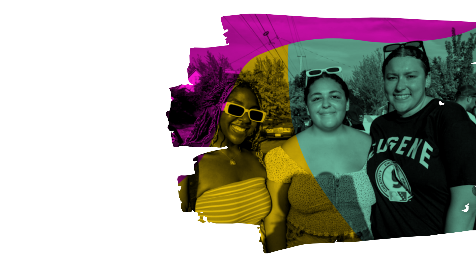 Group of three diverse people posing outdoors on a sunny day, smiling, with trees and power lines in the background with NAACP Eugene-Springfield, Oregon