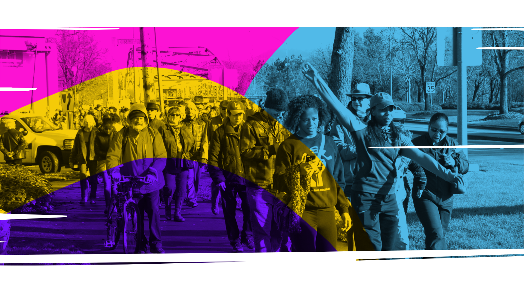 A diverse group of people participating in an outdoor march or rally with NAACP Eugene-Springfield, Oregon, walking along a sidewalk with trees and cars in the background, with colorful overlay.