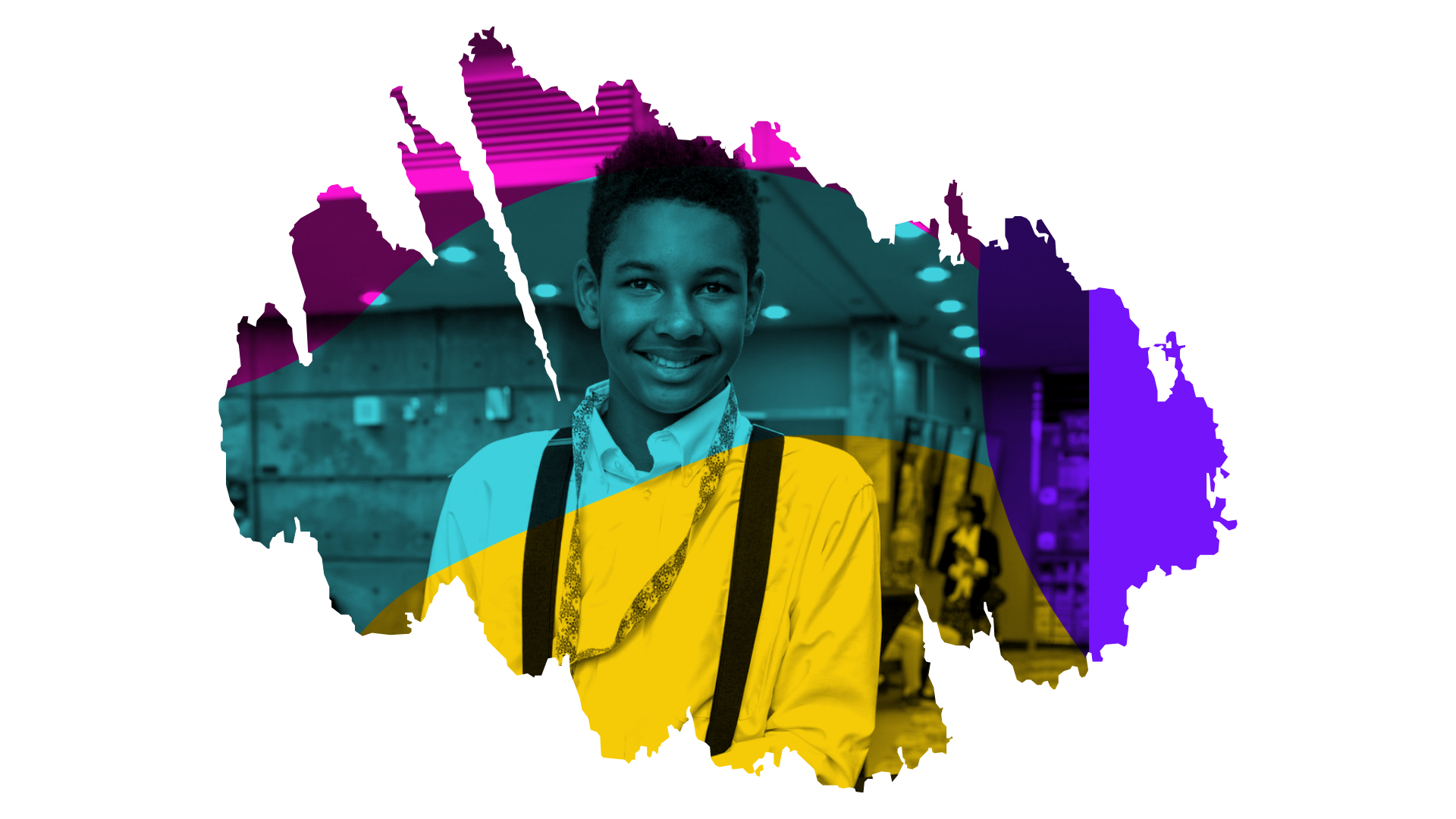 Young person smiling at an indoor event with NAACP Eugene-Springfield, Oregon, wearing a white shirt and yellow jacket, with colorful digital glitch effects on the image.