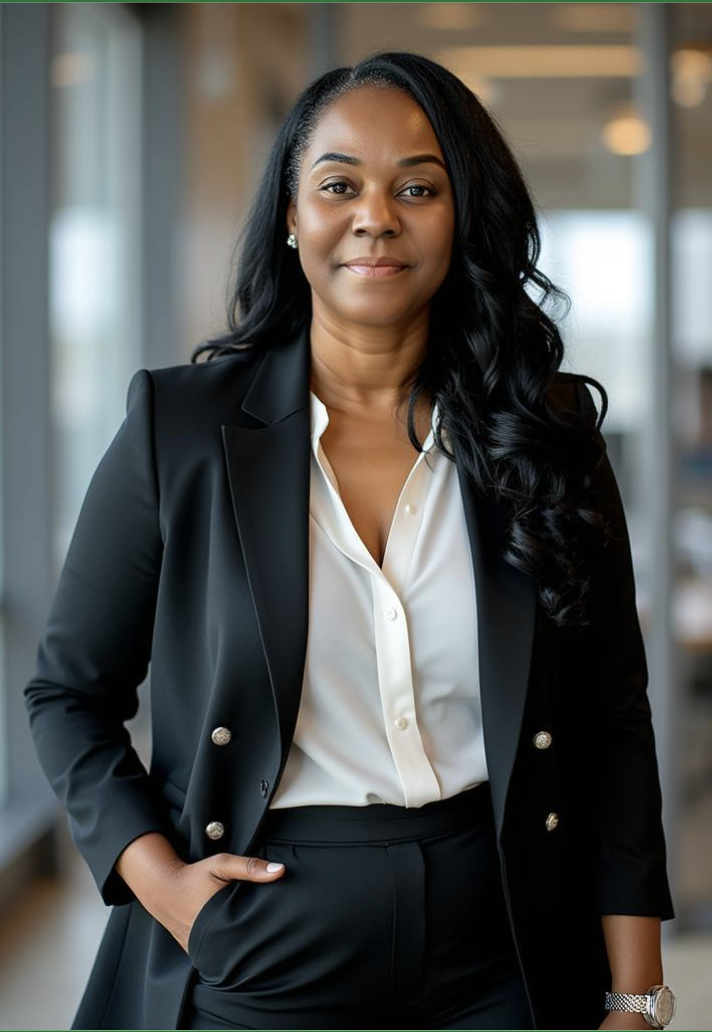 A professional Black person with long black wavy hair wearing a black blazer and white blouse, standing confidently with one hand in pocket in a modern office setting.