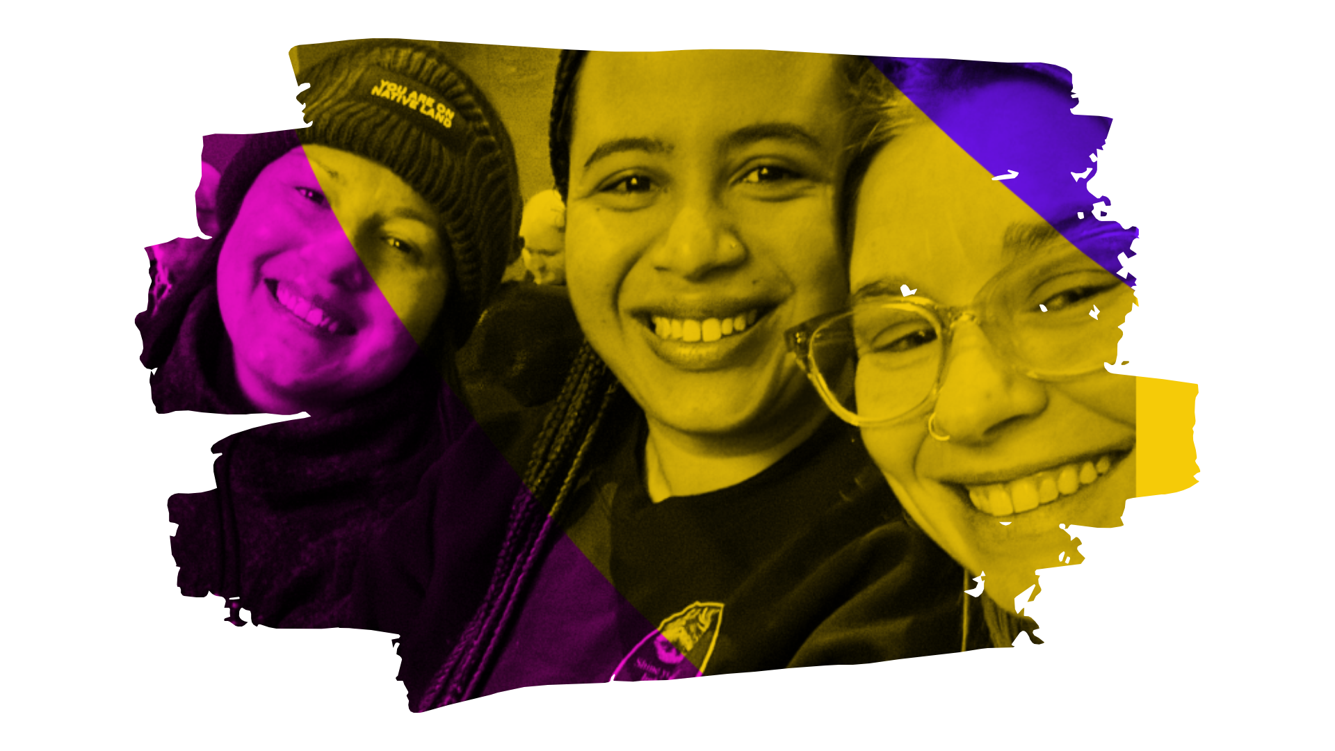 Three smiling people taking a selfie, with color overlay effects