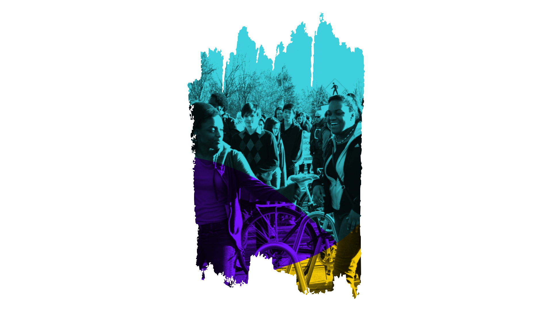 A diverse group of people participating in a community event outdoors with NAACP Eugene-Springfield, Oregon, with some holding bikes, and one person shaking hands. The scene is overlaid with a colorful effect.