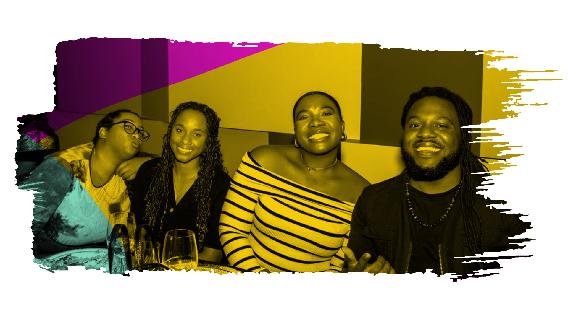 Group of five friends sitting at a table, smiling, celebrating, with glasses of champagne in front of them at NAACP Eugene-Springfield, Oregon event