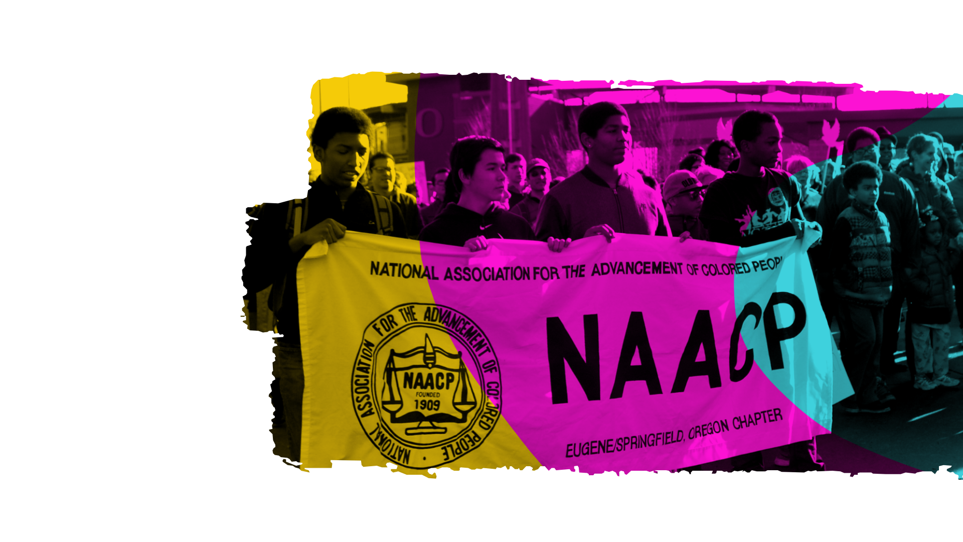 A group of people holding a colorful NAACP Eugene-Springfield, Oregon banner during a march or rally.