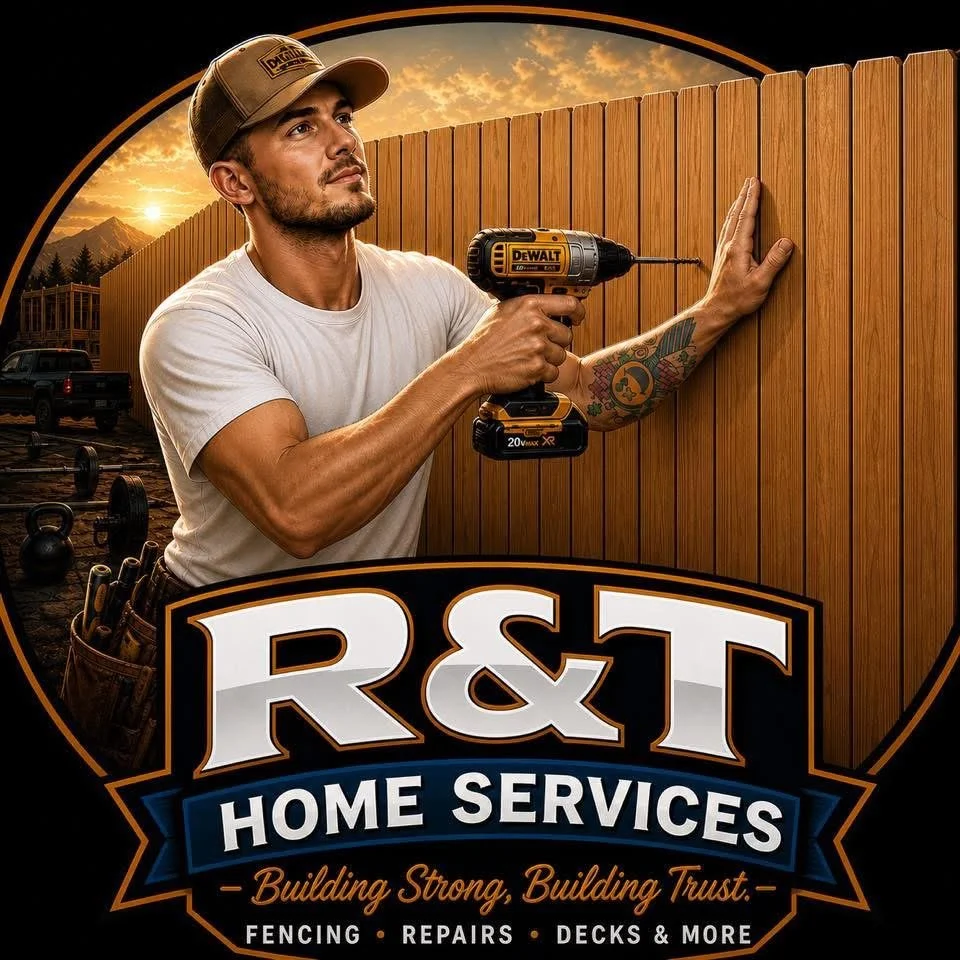 A man installing a wooden fence with a seater drill during sunset, with R&T Home Services logo and tagline about fencing, repairs, and decks.
