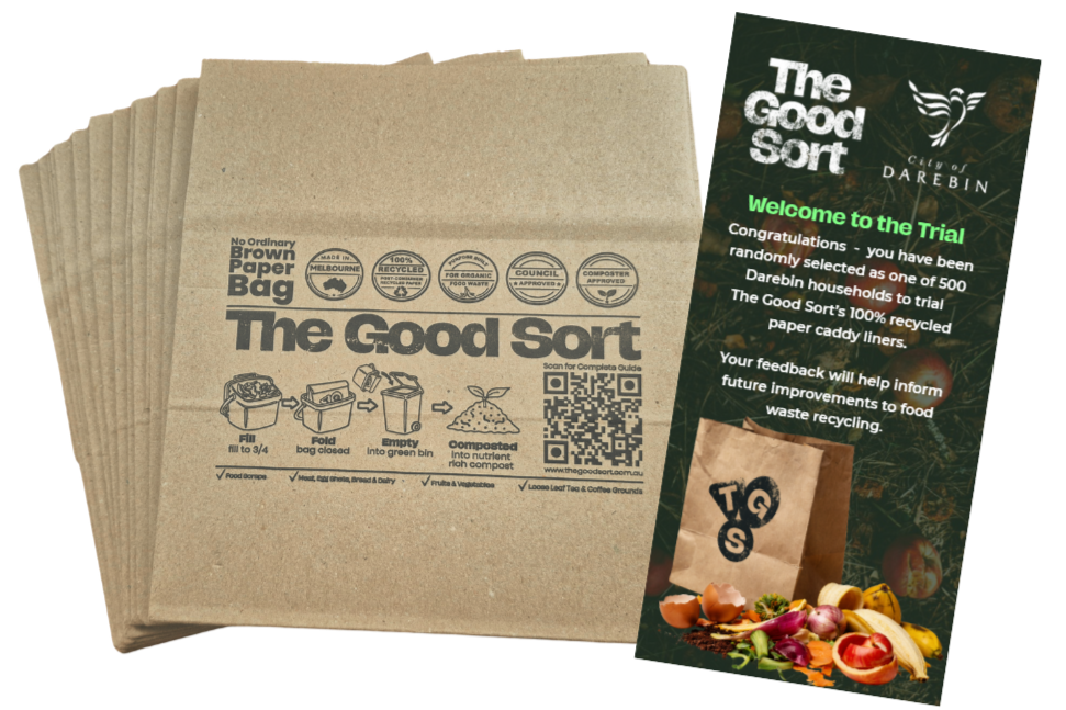 The Good Sort paper caddy liners with Darebin FOGO trial information flyer.