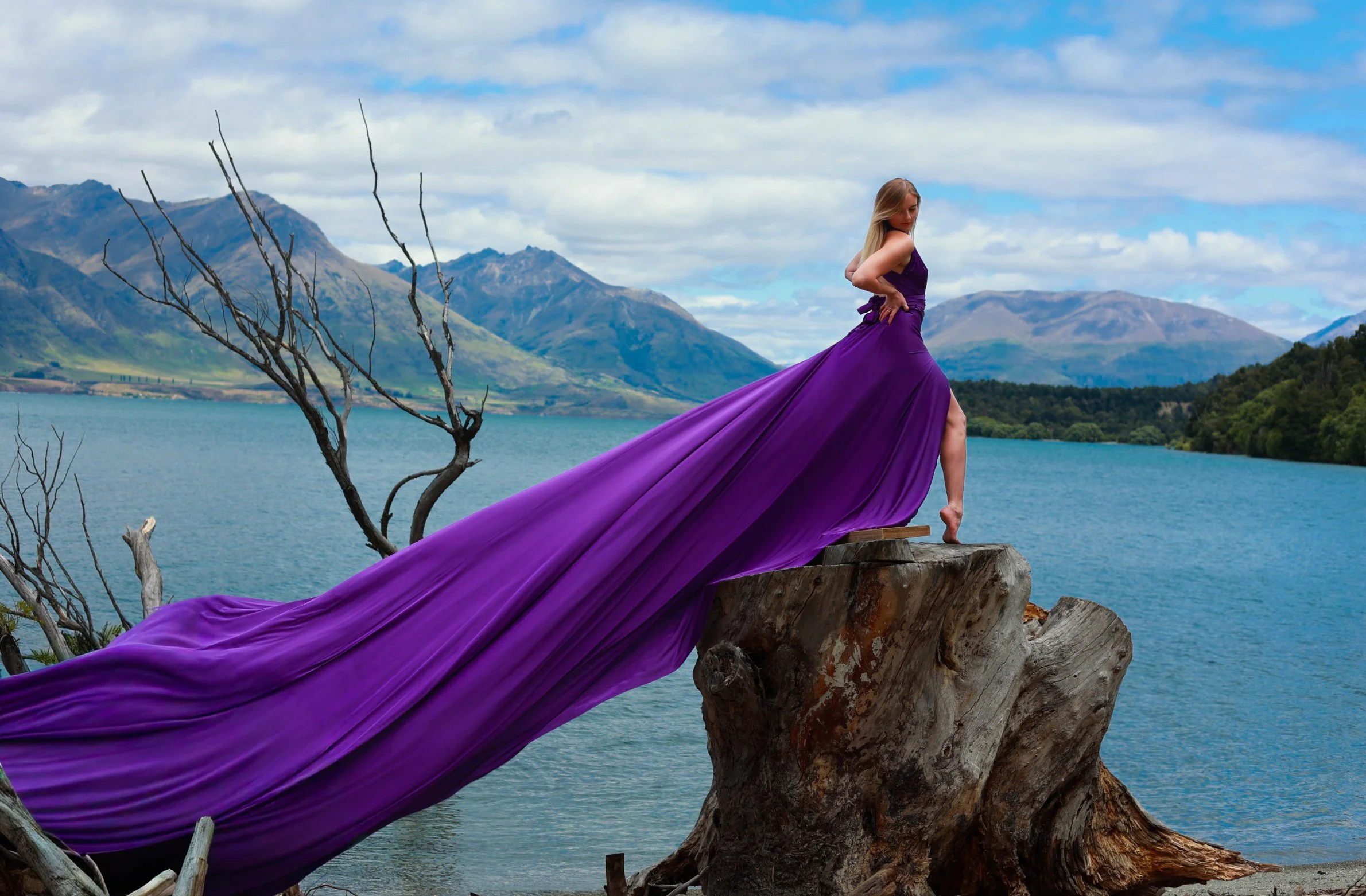 A woman in a long purple dress is standing on a large piece of driftwood near a lake, with mountains in the background and cloudy sky overhead.