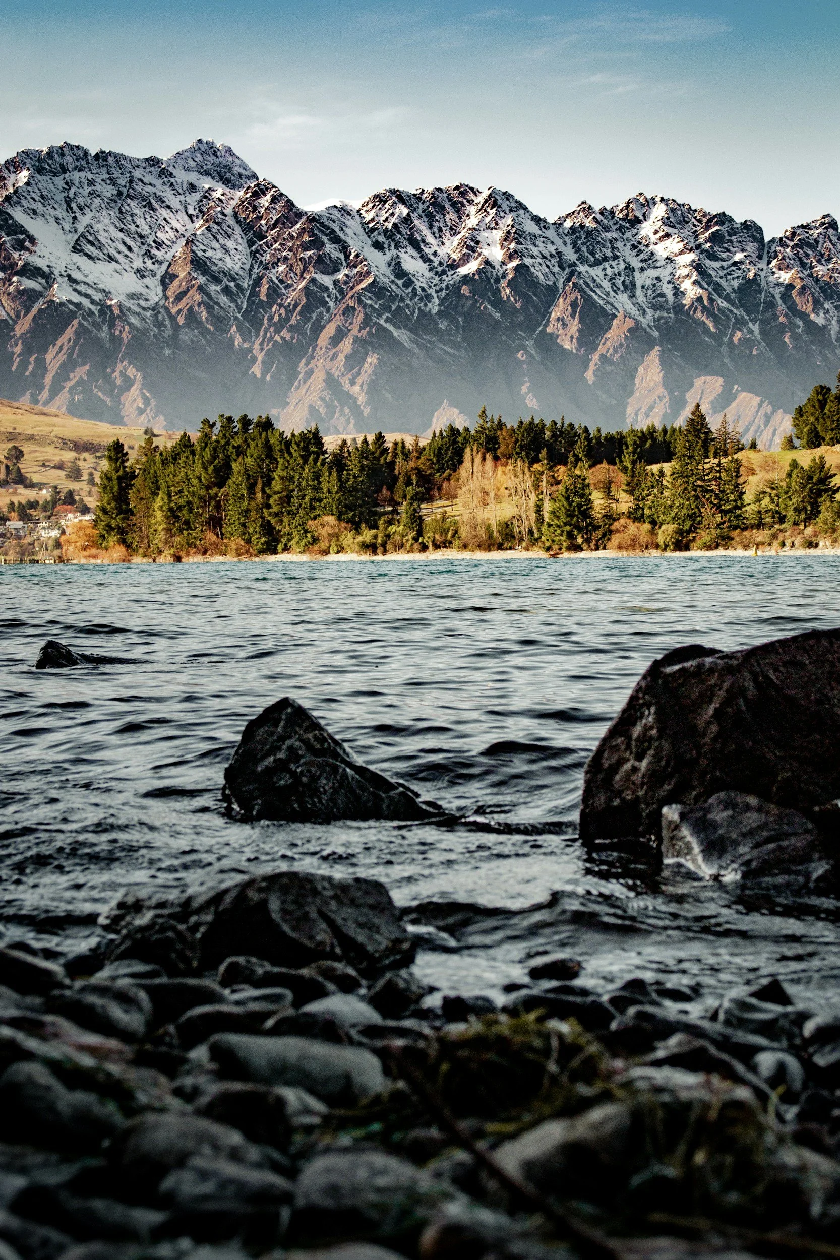 Photo of rocky shoreline with water in the foreground, green trees on the hill in the middle ground, and snow-capped mountains under a clear sky in the background.