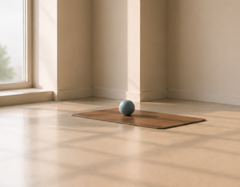 A yoga mat with a blue exercise ball placed on top, positioned near a corner of a room with sunlight coming through a large window.