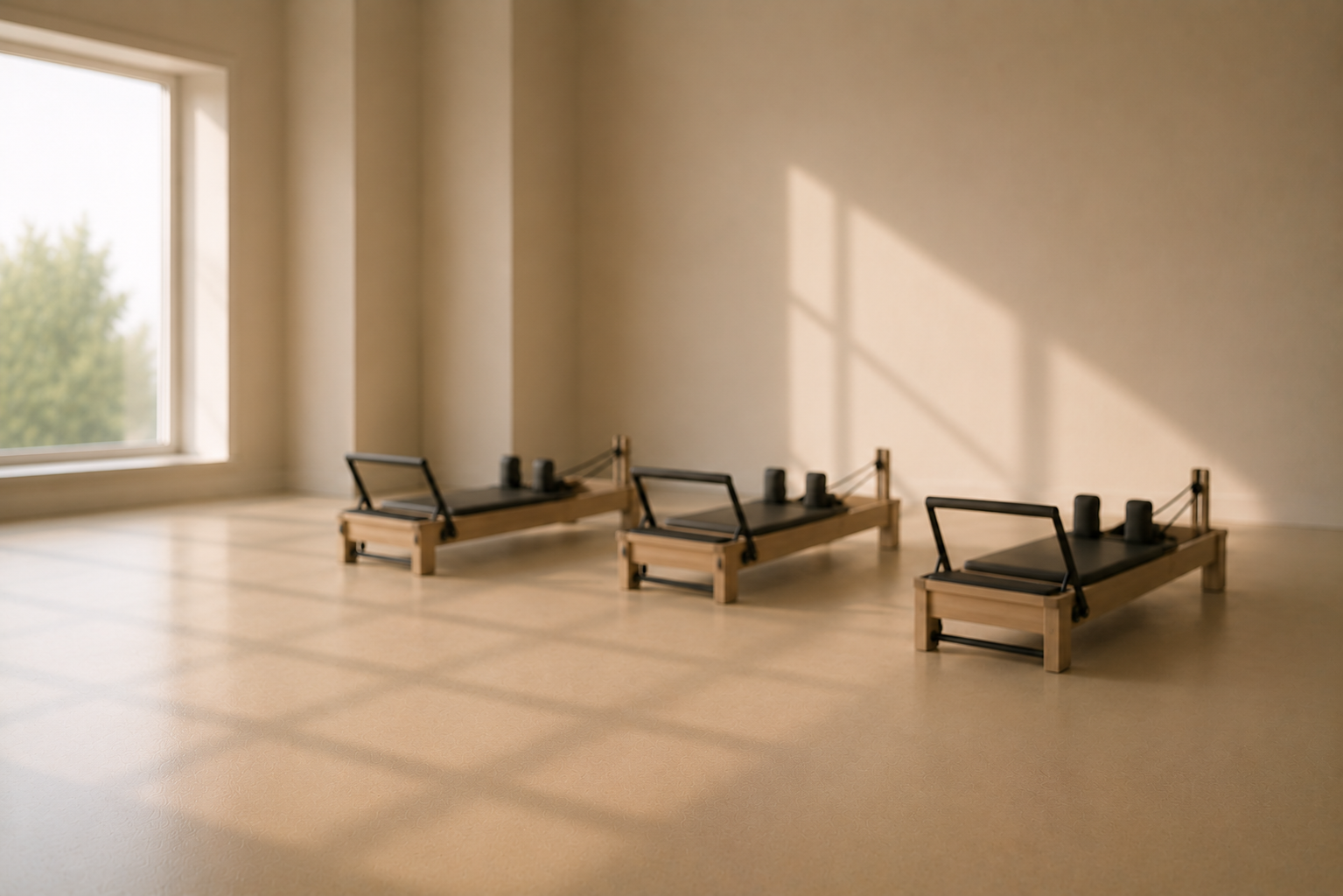 Three wooden Pilates reformer machines in a softly lit room with minimal decor and natural light coming through a window.