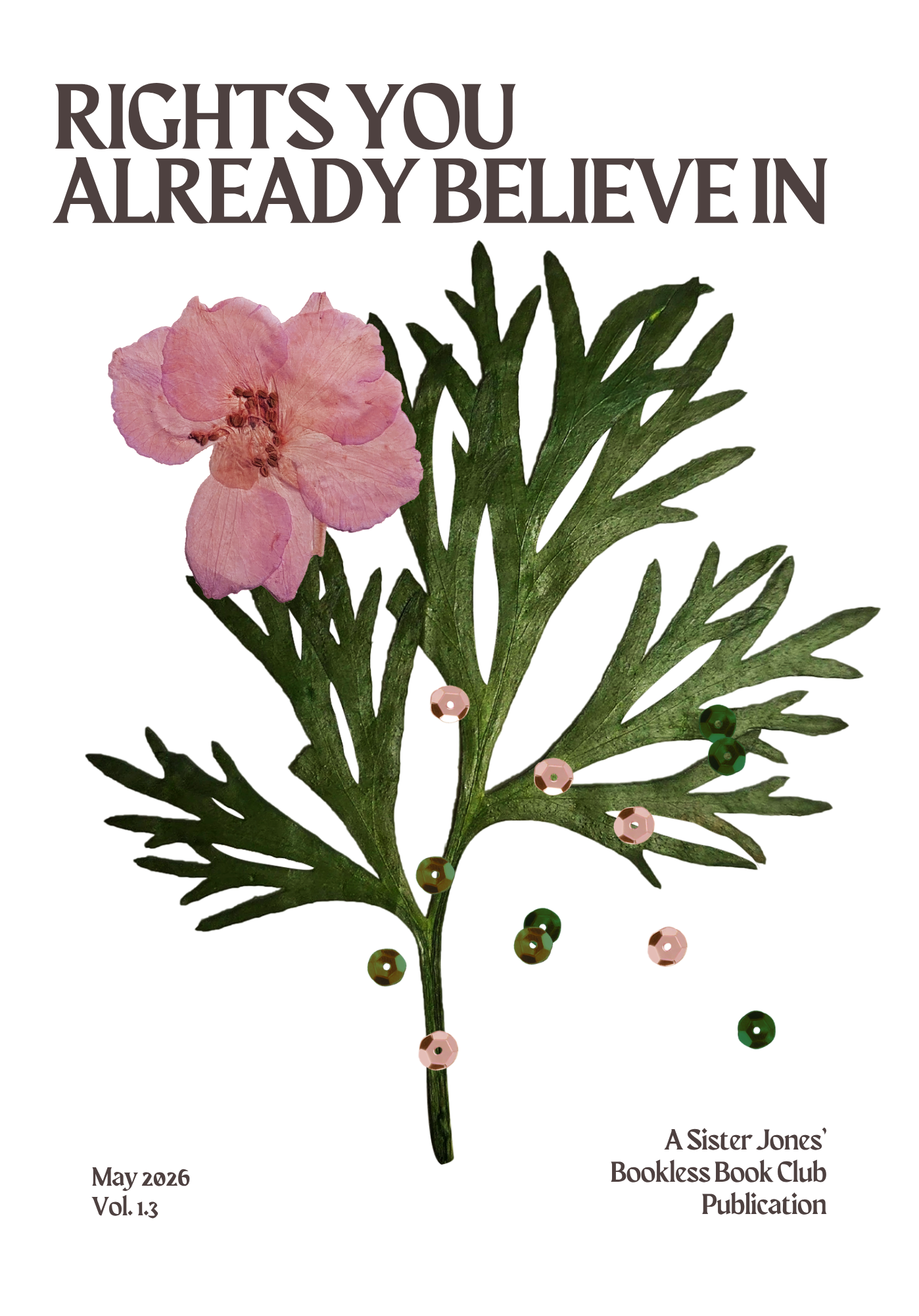 Cover page of a publication titled "Rights You Already Believe In." The cover features a pink flower with green leaves and some sequins or beads, with text indicating it is from May 2026, Vol. 1.3, published by A Sister Jones' Bookless Book Club.