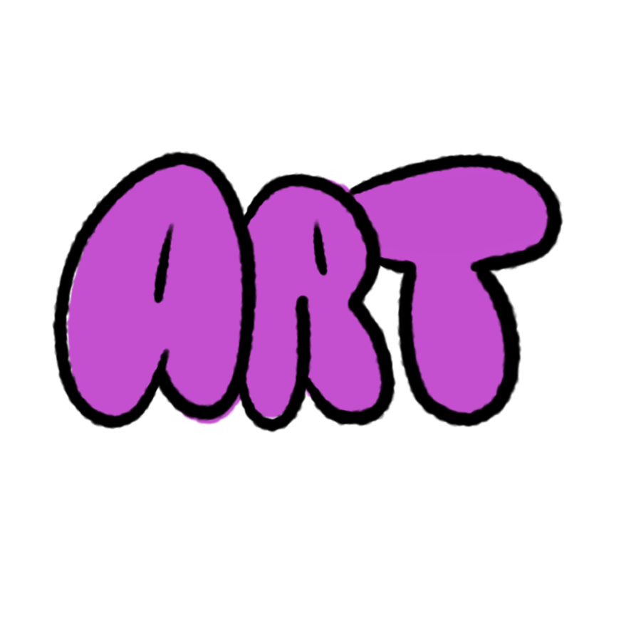 The word 'ART' written in large, purple, bubble-style letters with a black outline, set against a black background.
