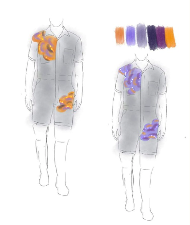 Illustration de deux modèles de chemises avec des motifs colorés sur le côté gauche, avec une palette de couleurs indiquée en haut, comprenant des tons orange, bleu, violet et gris.