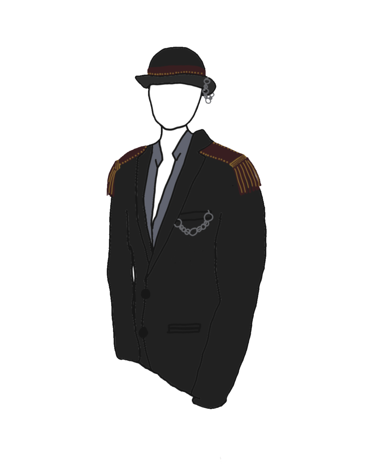 Mannequin vêtu d'un uniforme de militaire avec épaulettes dorées, un casque noir avec une bande rouge, et un porte-document en chaîne sur la poitrine, sans visage visible.
