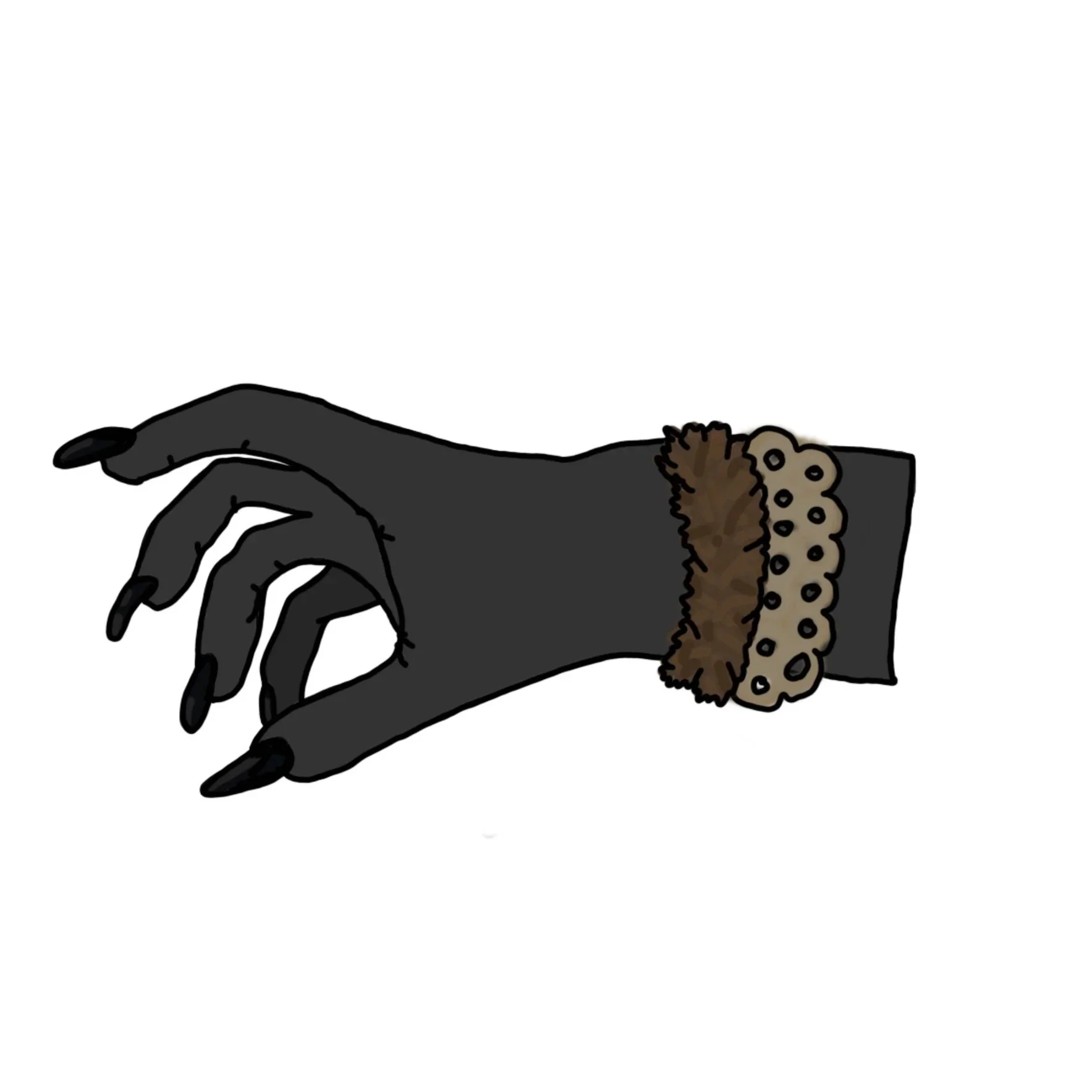 Main noire avec une fourrure marron et un col en coton beige avec des motifs sombres.
