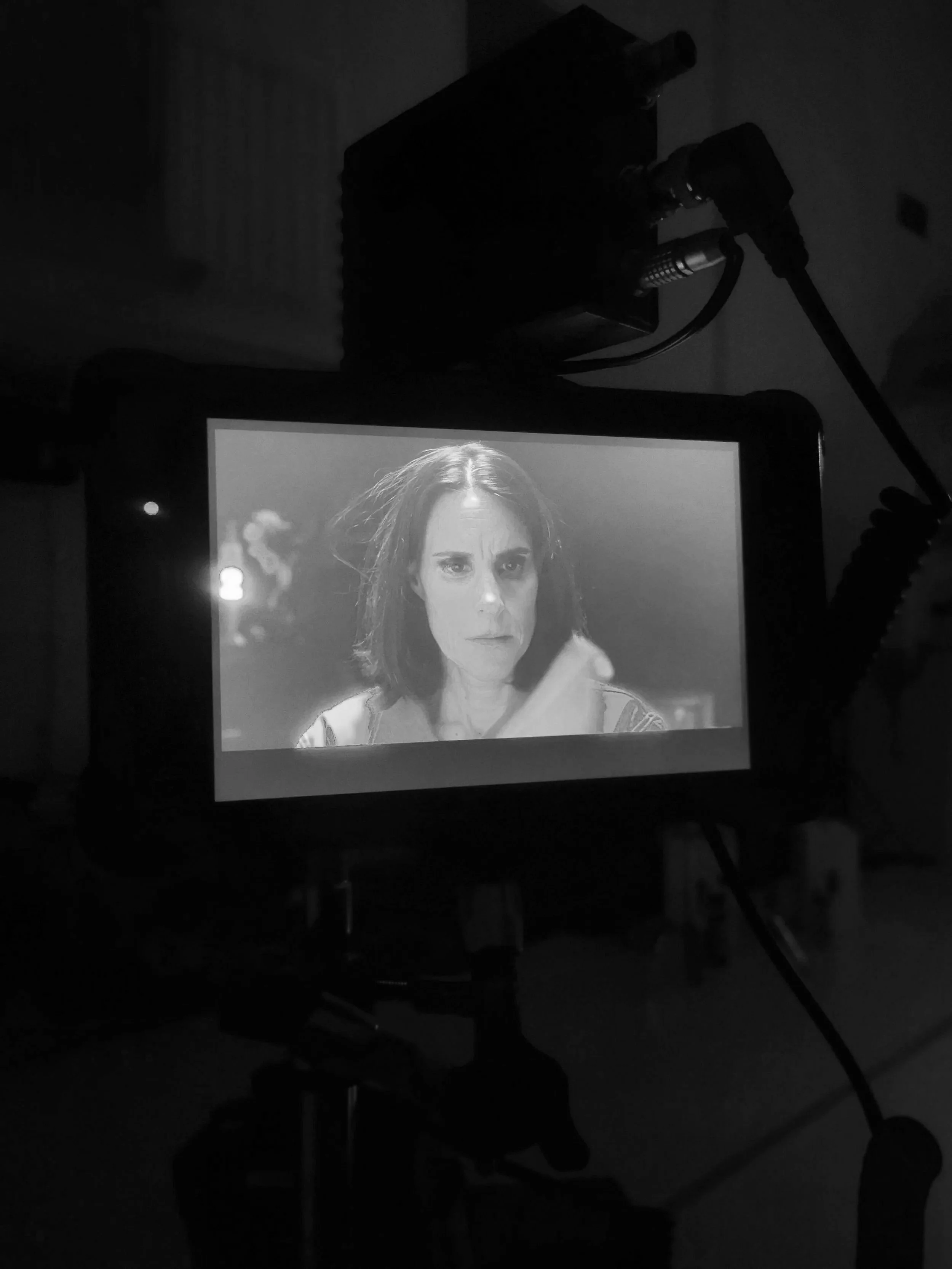 Un écran montrant une femme avec des cheveux bruns, portant une chemise rayée, en mode noir et blanc, sur une scène sombre.