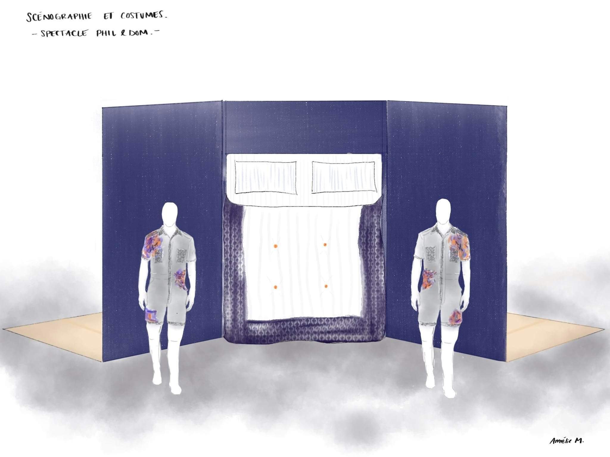 Un décor de scène avec deux mannequins portant des vêtements à motifs colorés, une toile de fond bleue avec des motifs ainsi qu'une note manuscrite en haut à gauche indiquant 'Scénographie et costumes - Spectacle Phil & Dom'.