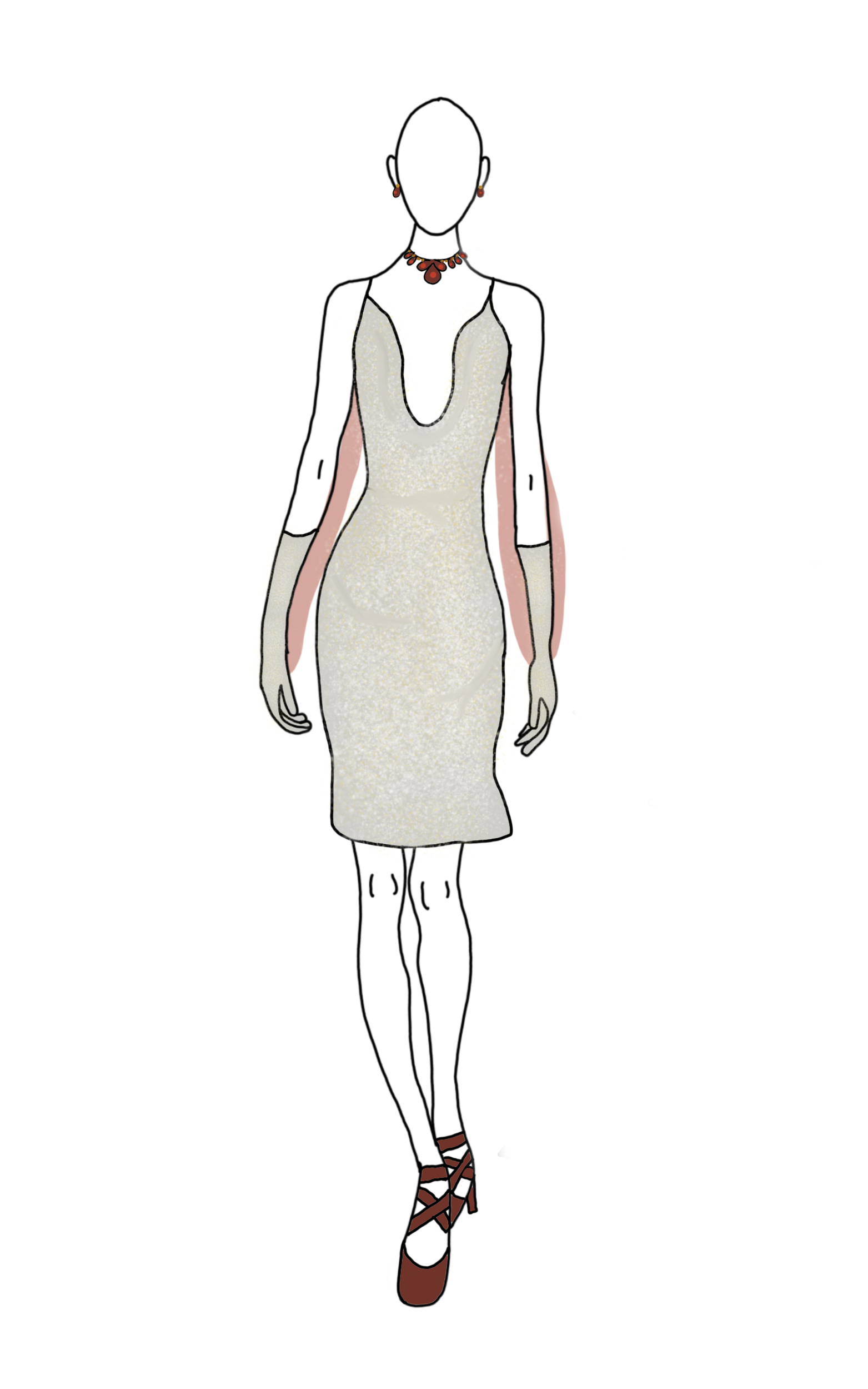 Illustration d'une femme portant une robe longue de couture, des chaussures à talons lacées, des boucles d'oreilles, un collier et un pendentif rouge.