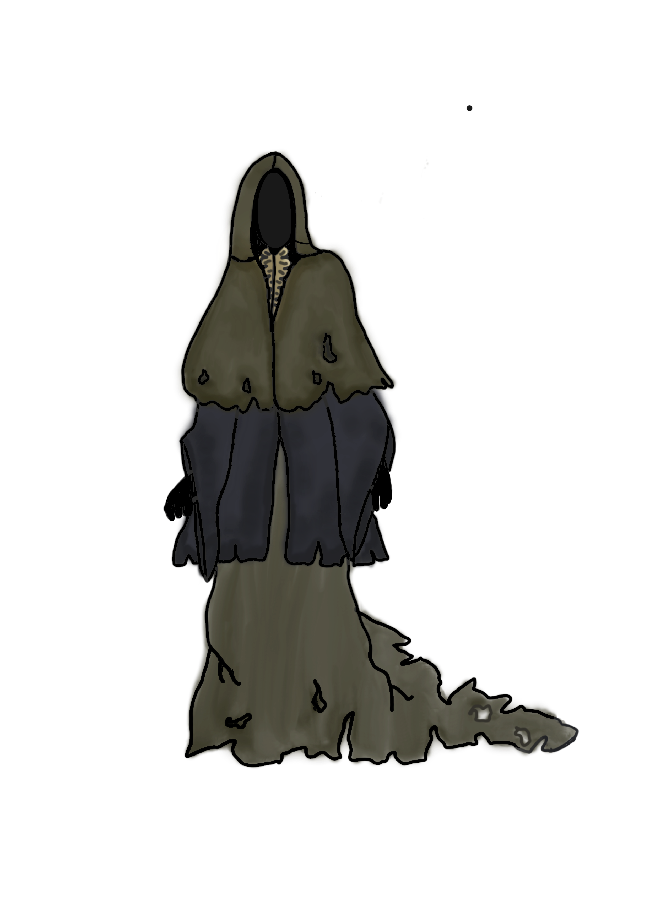 Une illustration d'une dragonne sage, portant une robe longue fluide et une cape. La figure n'a pas de visage visible, le tout dans des tons sombres et terreux.