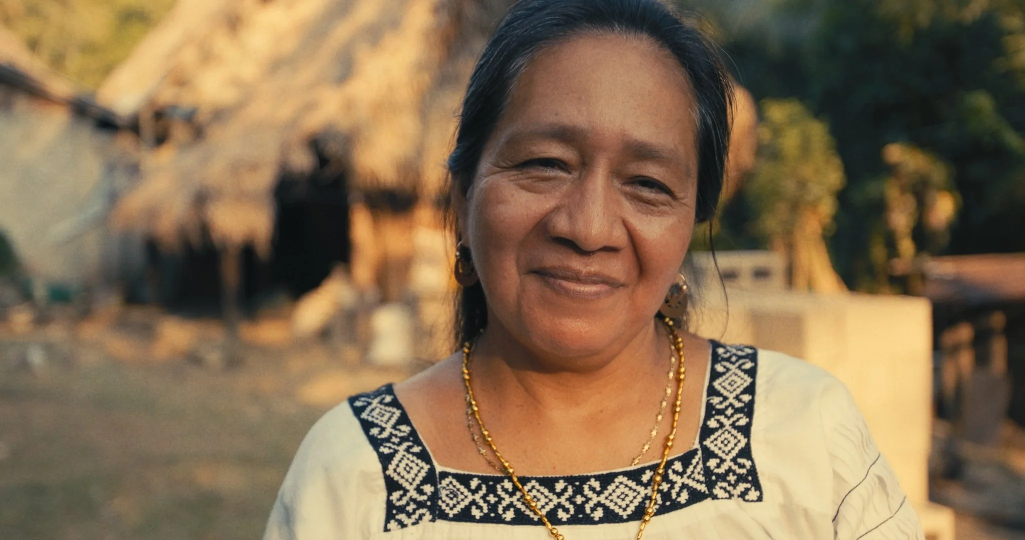 Close-up of an elderly woman with dark hair, wearing earrings and layered necklaces, smiling gently, outdoors during sunset or late afternoon.
