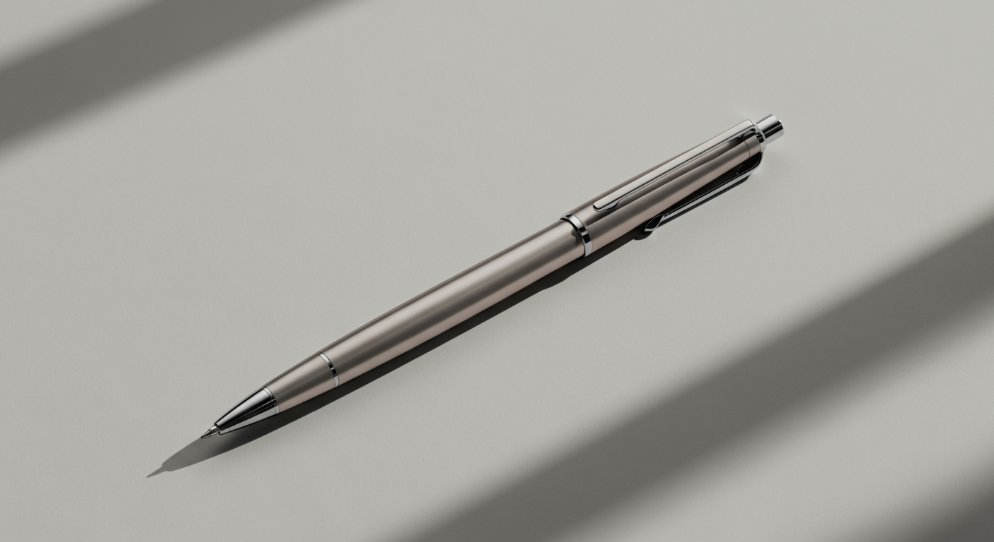 A sleek, metallic silver pen lying diagonally on a light gray surface, with shadows cast to the bottom right.