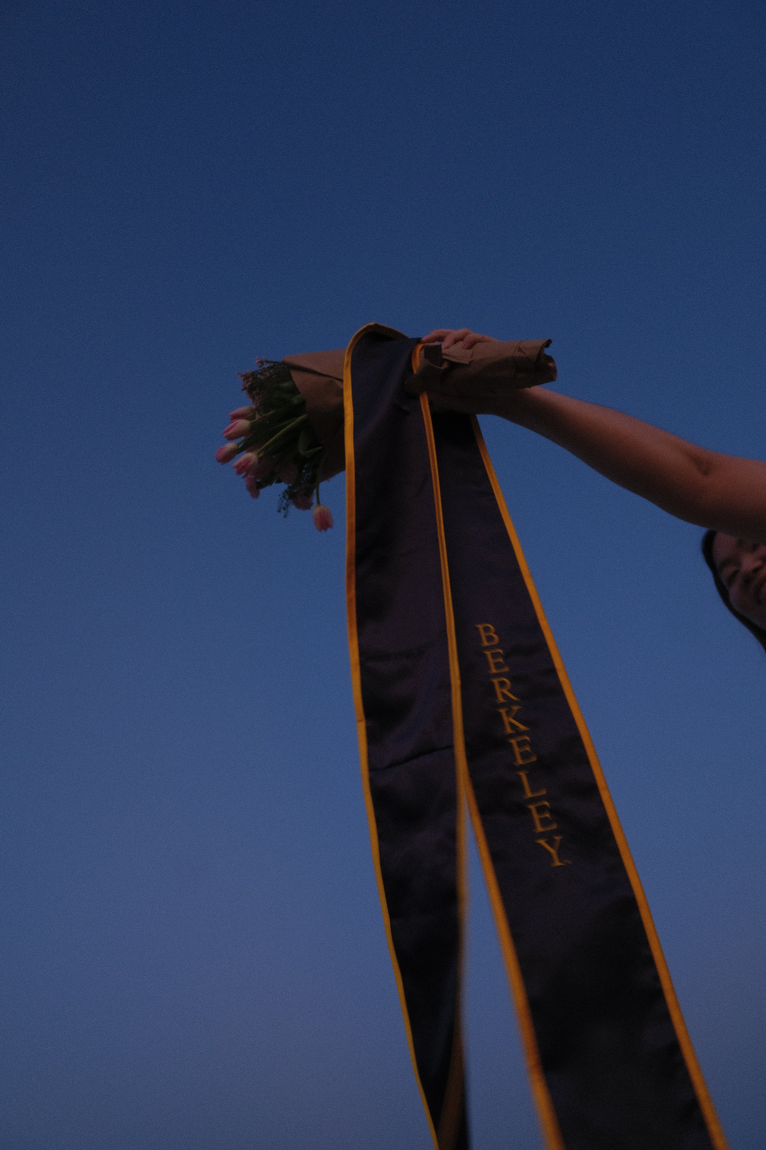 A hand holding a bouquet of pink tulips wrapped in paper, raised against a clear blue sky during sunset, with a graduation stole or sash hanging from the bouquet.
