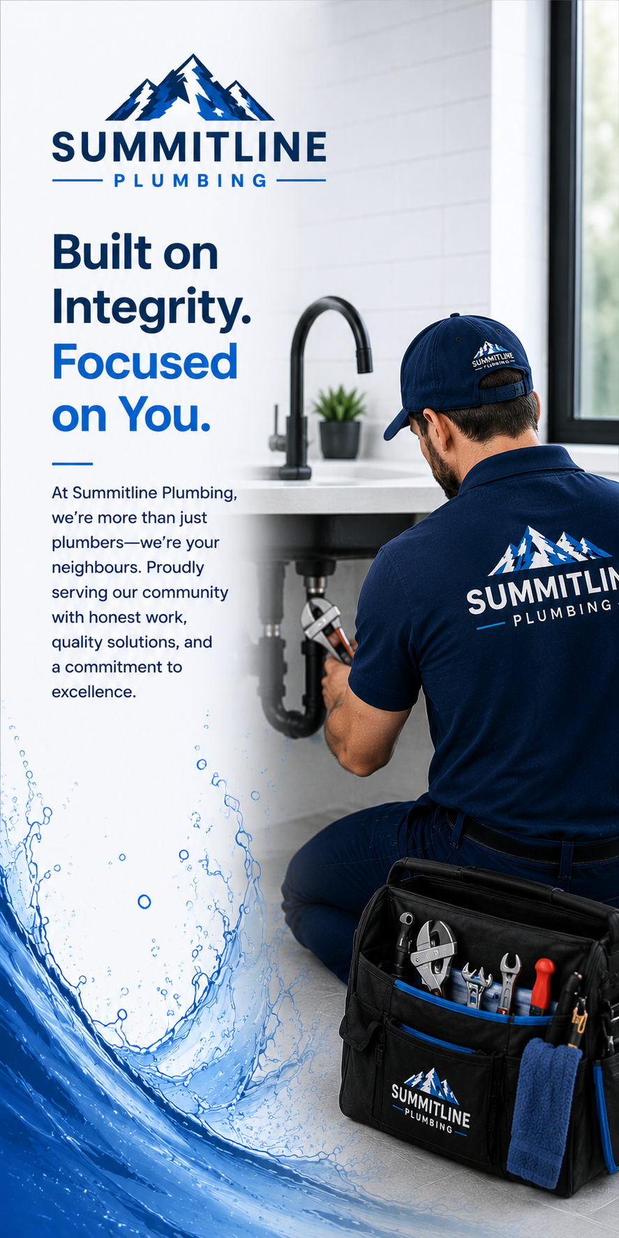 A plumber working on a kitchen sink with a black faucet, wearing a navy blue cap and shirt with the Summitline Plumbing logo. A tool bag with plumbing tools is on the floor, and a banner displays the company's branding and a mountain logo.