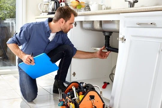 A man repairing a kitchen sink pipe under the sink, holding a blue clipboard, surrounded by tools and a toolbox.